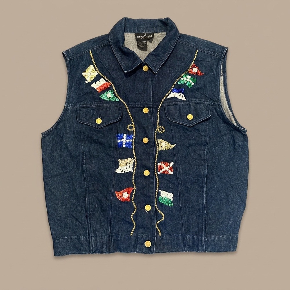 Vintage Carole Little Sport Denim Vest Size 14 Nautical Flag Sequin Embellished